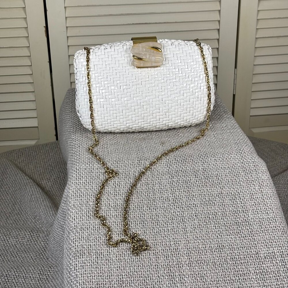 Vintage RODO Italy White Glazed Wicker Woven Evening Bag Clutch Leather Lined - Picture 2 of 8